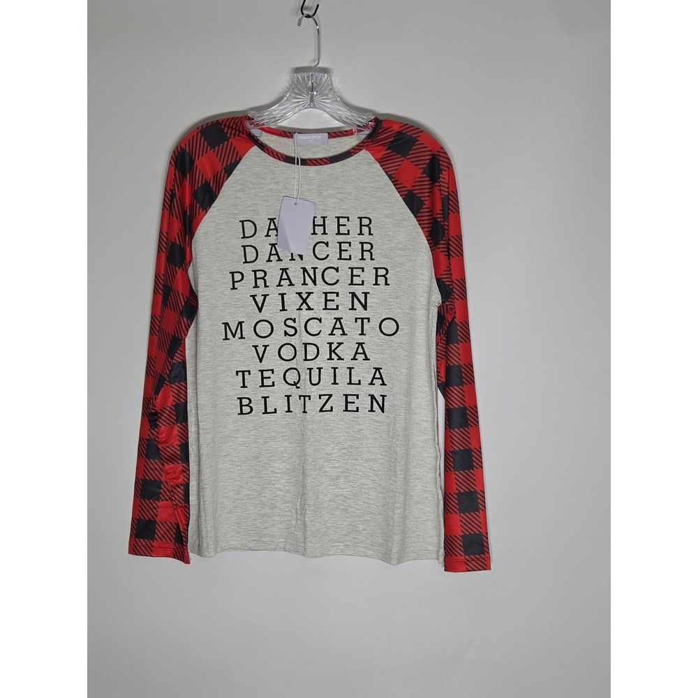 MangoPop Christmas Pajama Top Reindeer Drinks Buffalo Plaid‎ Large